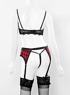 Playful lingerie set, wide lace edge, garter belt, scott pattern